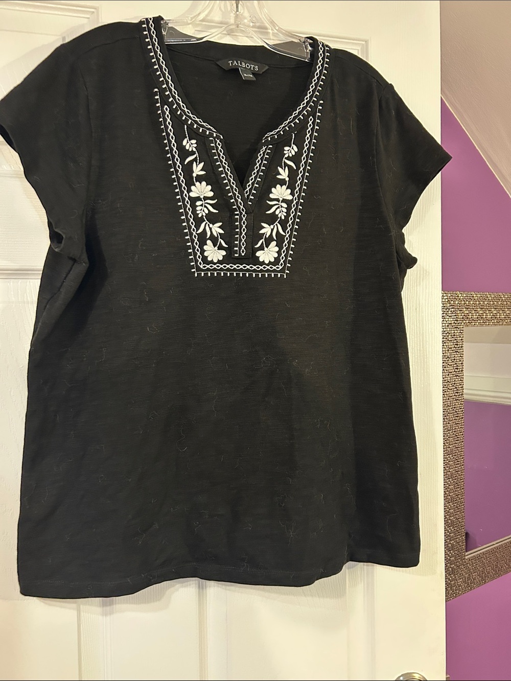 Talbots Black Short-Sleeve Top with White Embroidered V-Neck